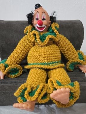 Source Unknown Yellow & Green Crocheted Clown Doll Plush